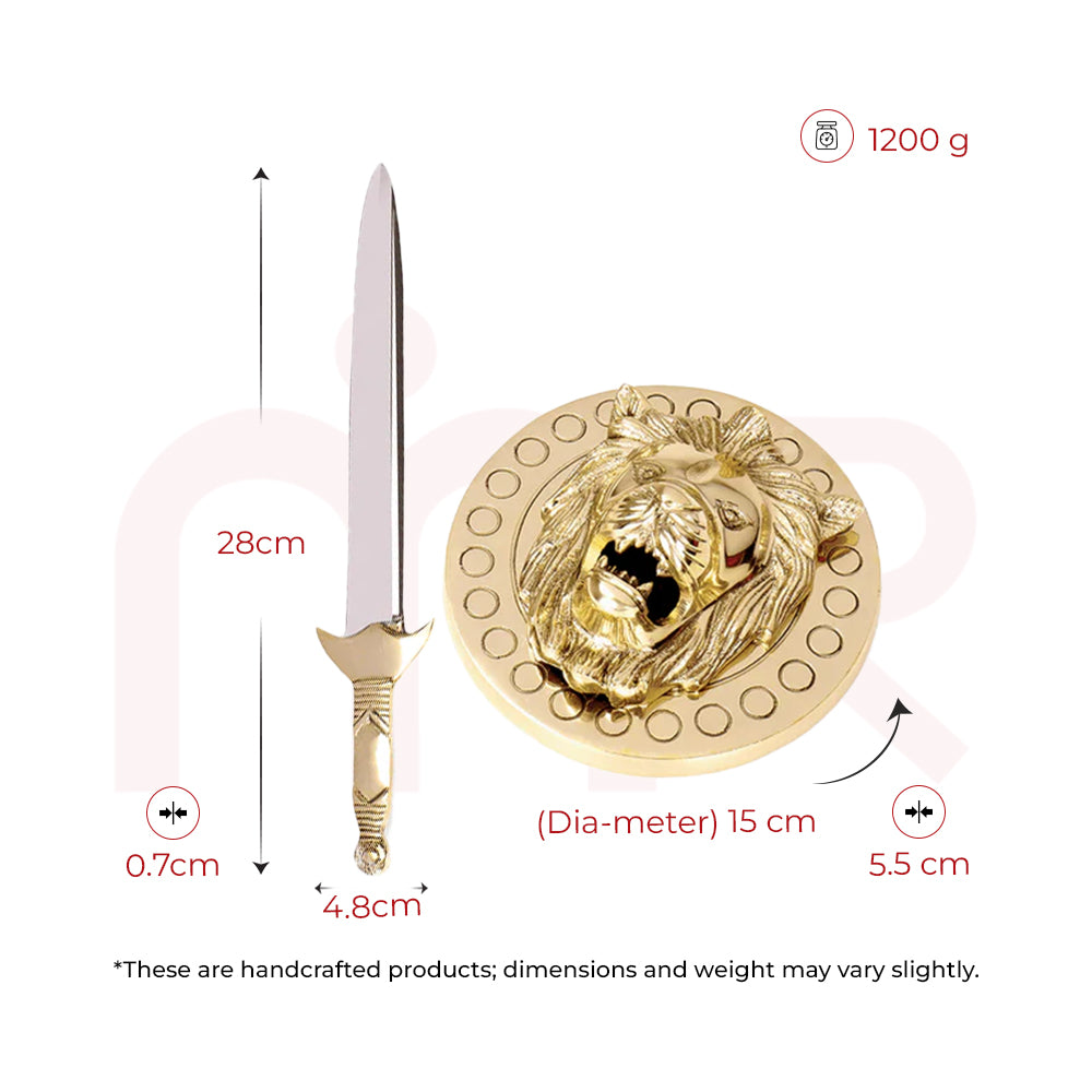 Decorative brass sword and lion shield set with dimensions, Vastu remedy decor, 1200g weight