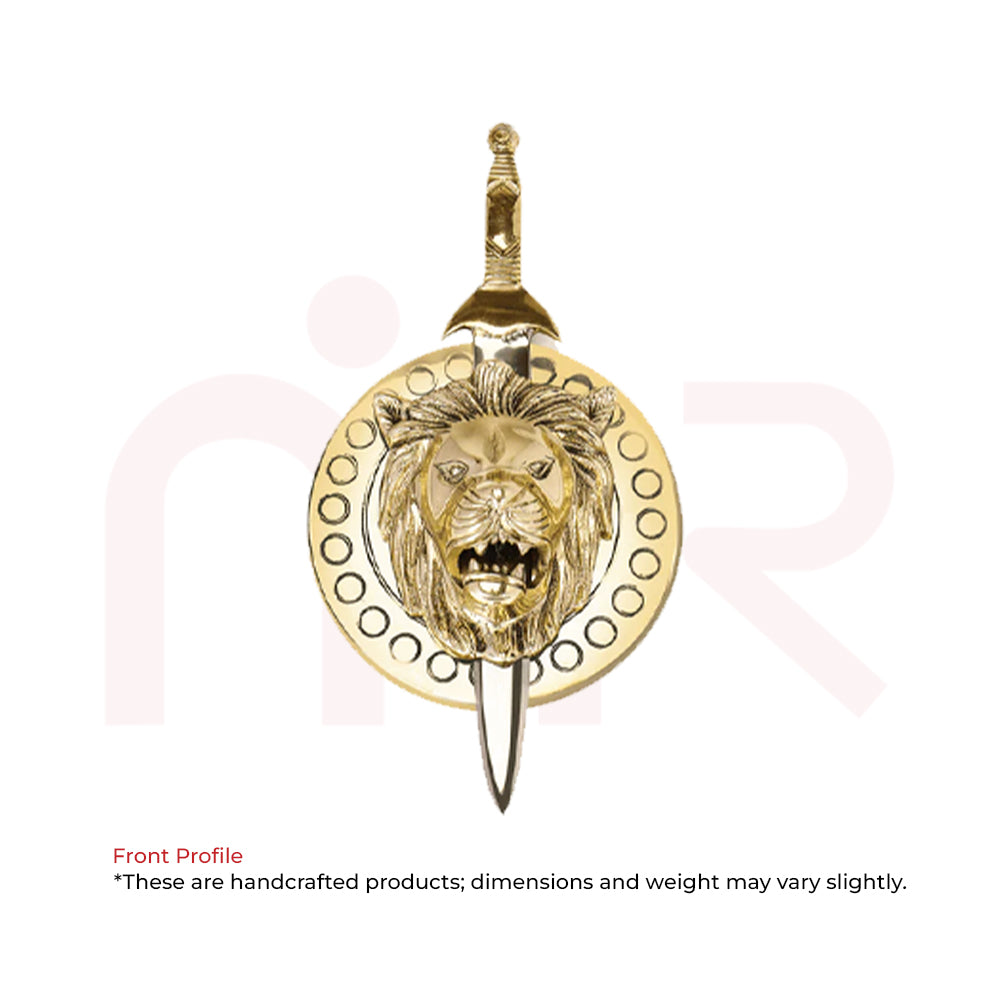 Brass Vastu remedy sword with lion face shield, handcrafted spiritual decor