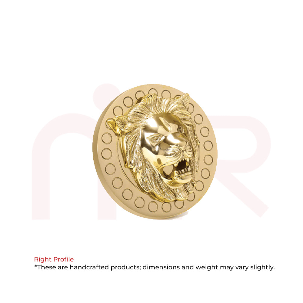 Golden lion head metal Vastu remedy, circular decorative wall plate for positive energy