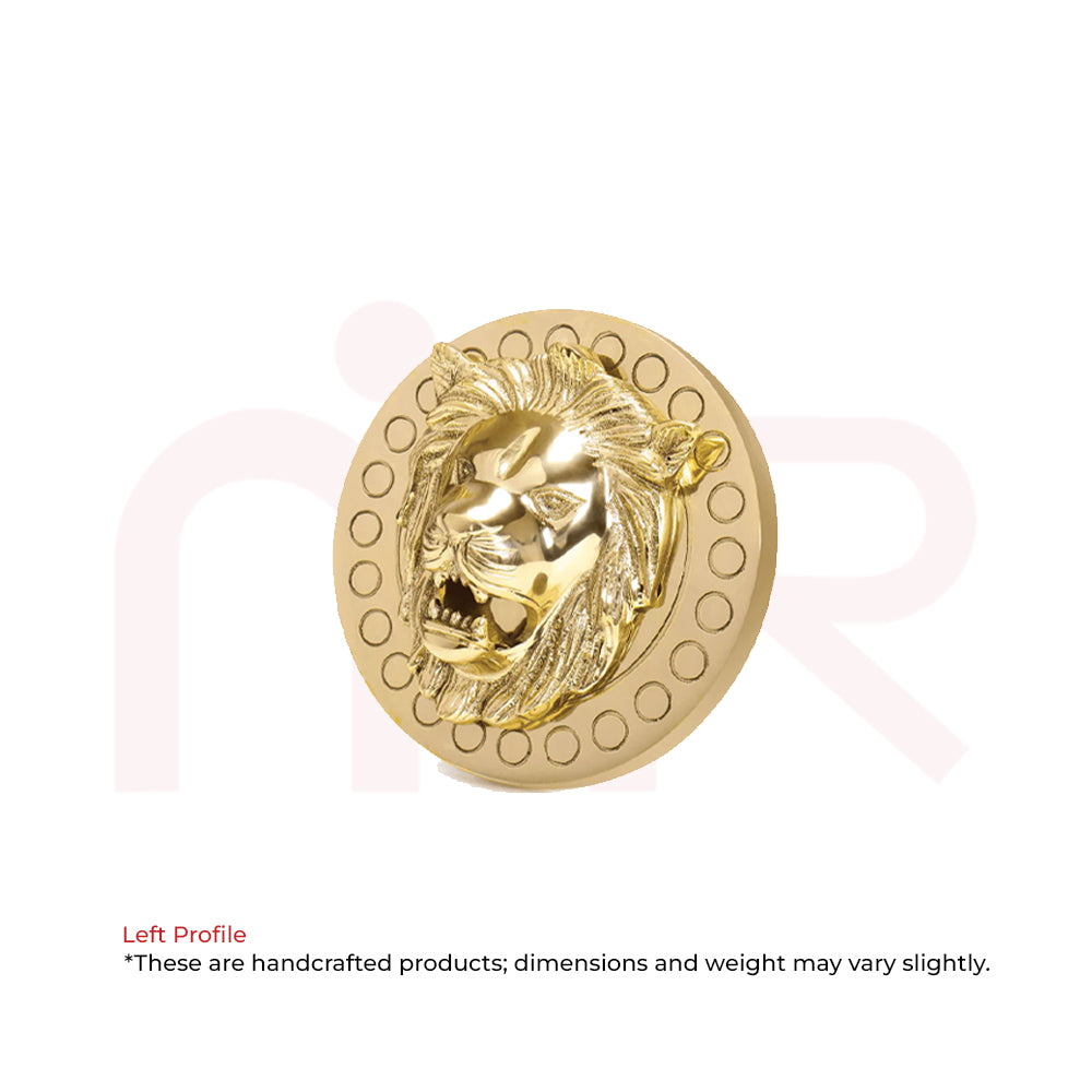 Golden lion head metal vastu remedy for positive energy, handcrafted on circular base