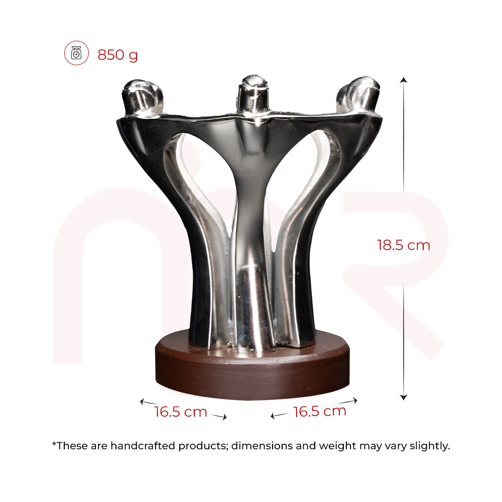 Handcrafted metal teamwork statue for Vastu remedy, 18.5 cm tall, 850 g, on wooden base