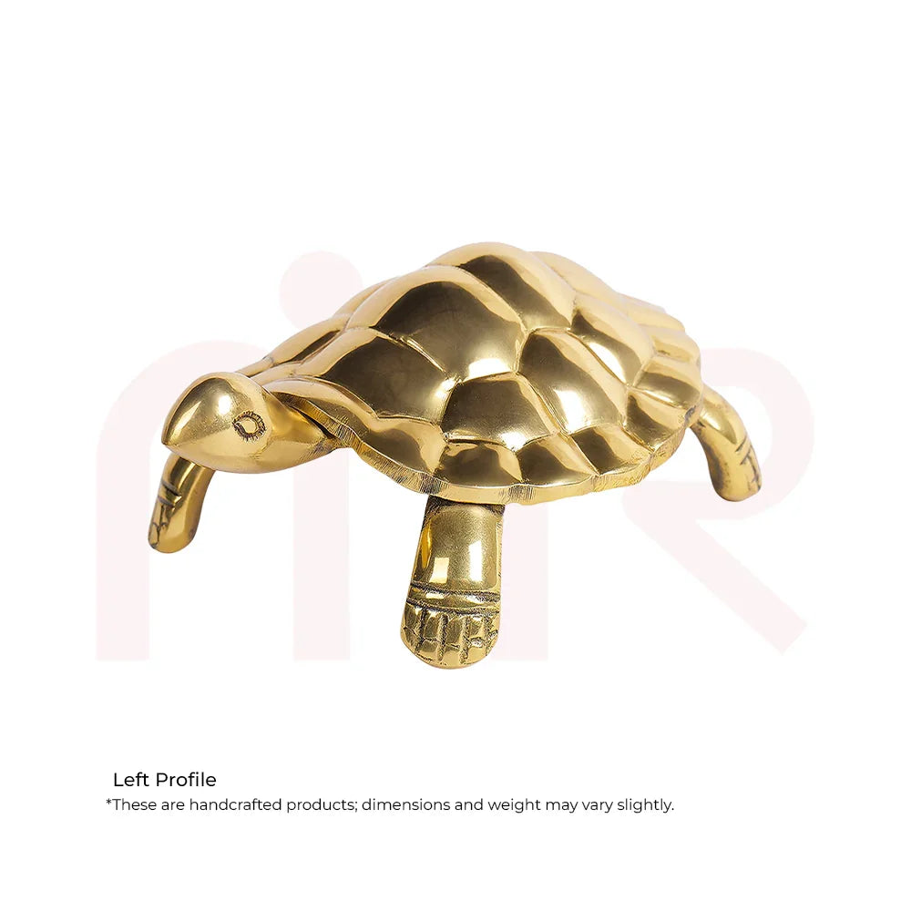 Brass tortoise MahaVastu remedy for Vastu Shastra, gold finish, handcrafted on white background.