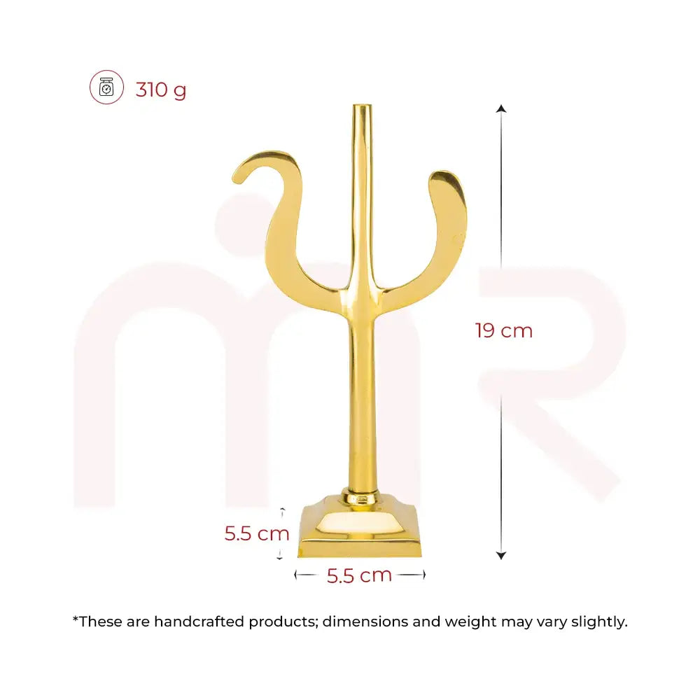 Golden trident Vastu remedy idol, 19 cm height, handcrafted metal spiritual decor.