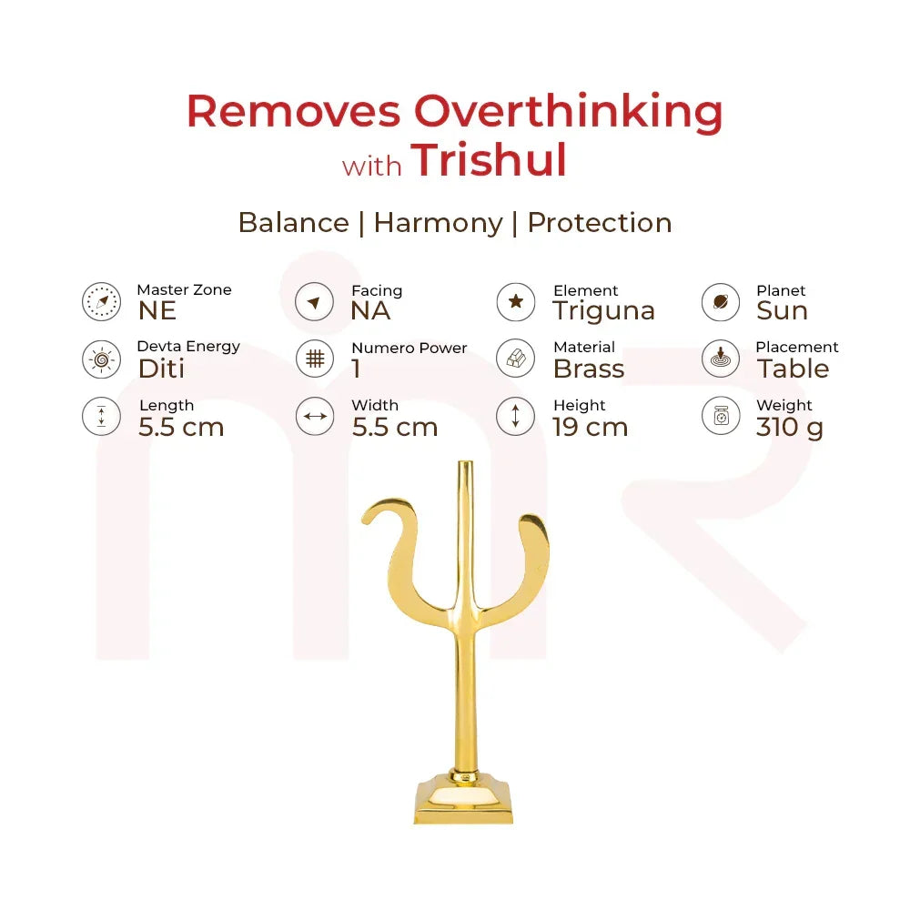Brass Trishul Vastu remedy for balance, harmony, protection, 19 cm tall, table placement.