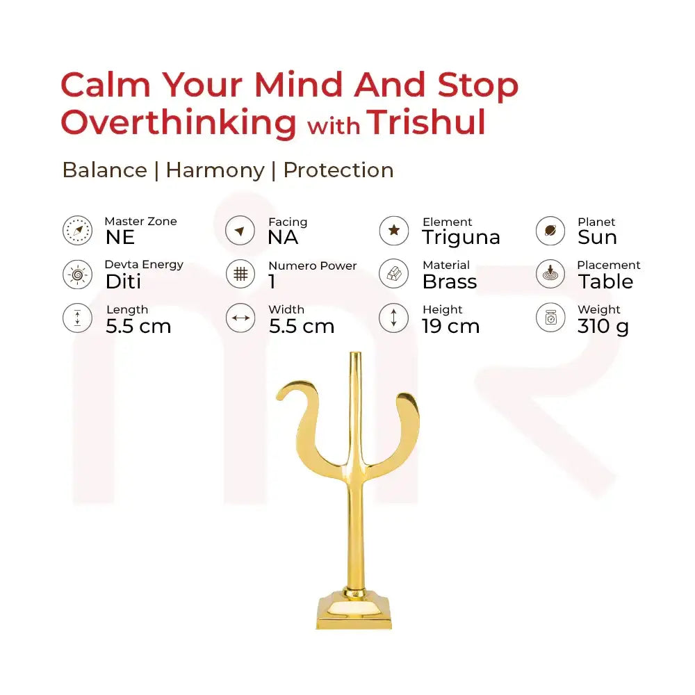 Golden brass Trishul for Vastu balance, harmony, and protection – calms mind, stops overthinking, placed on table