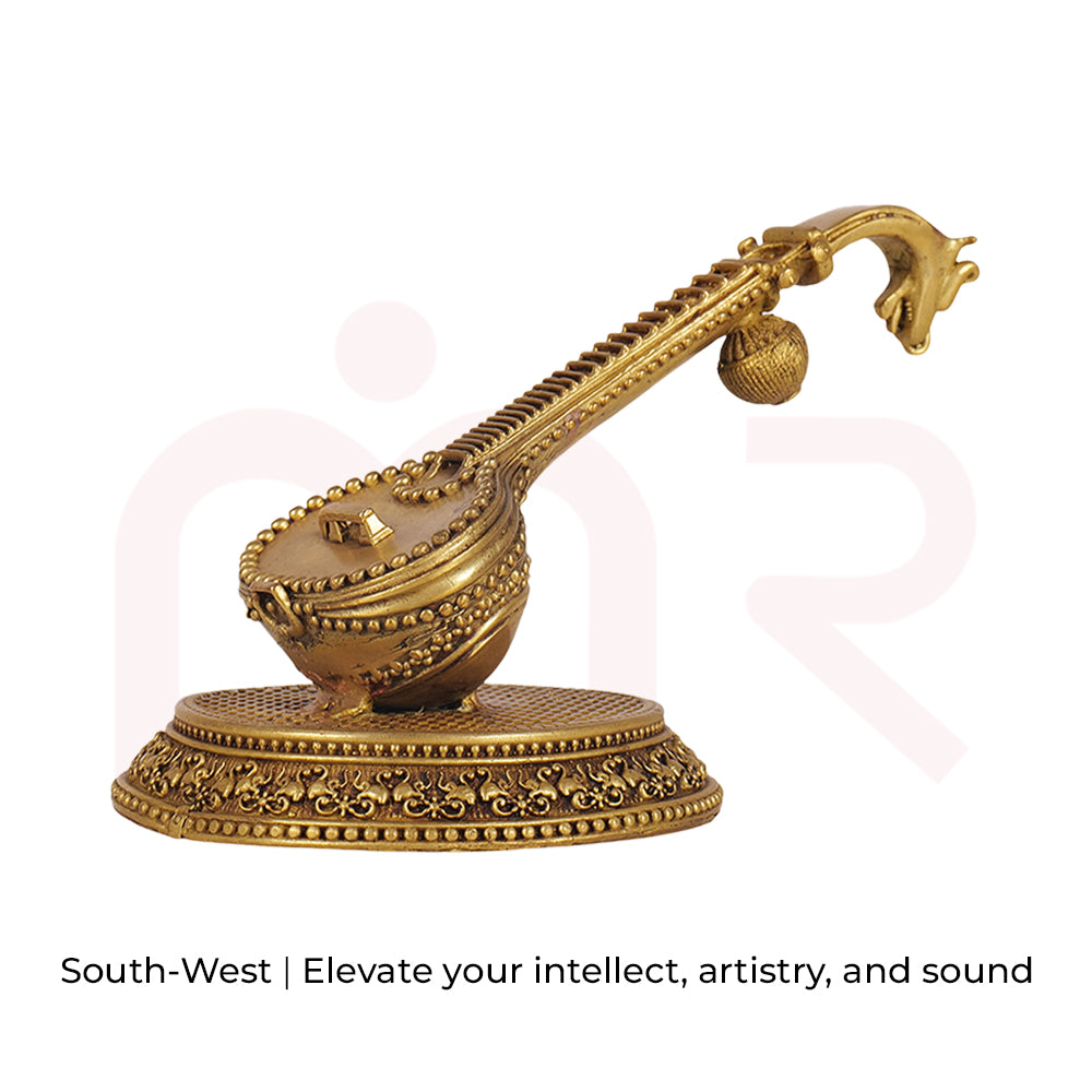 Brass veena idol on ornate base, MahaVastu remedy for intellect and artistry, vastu decor