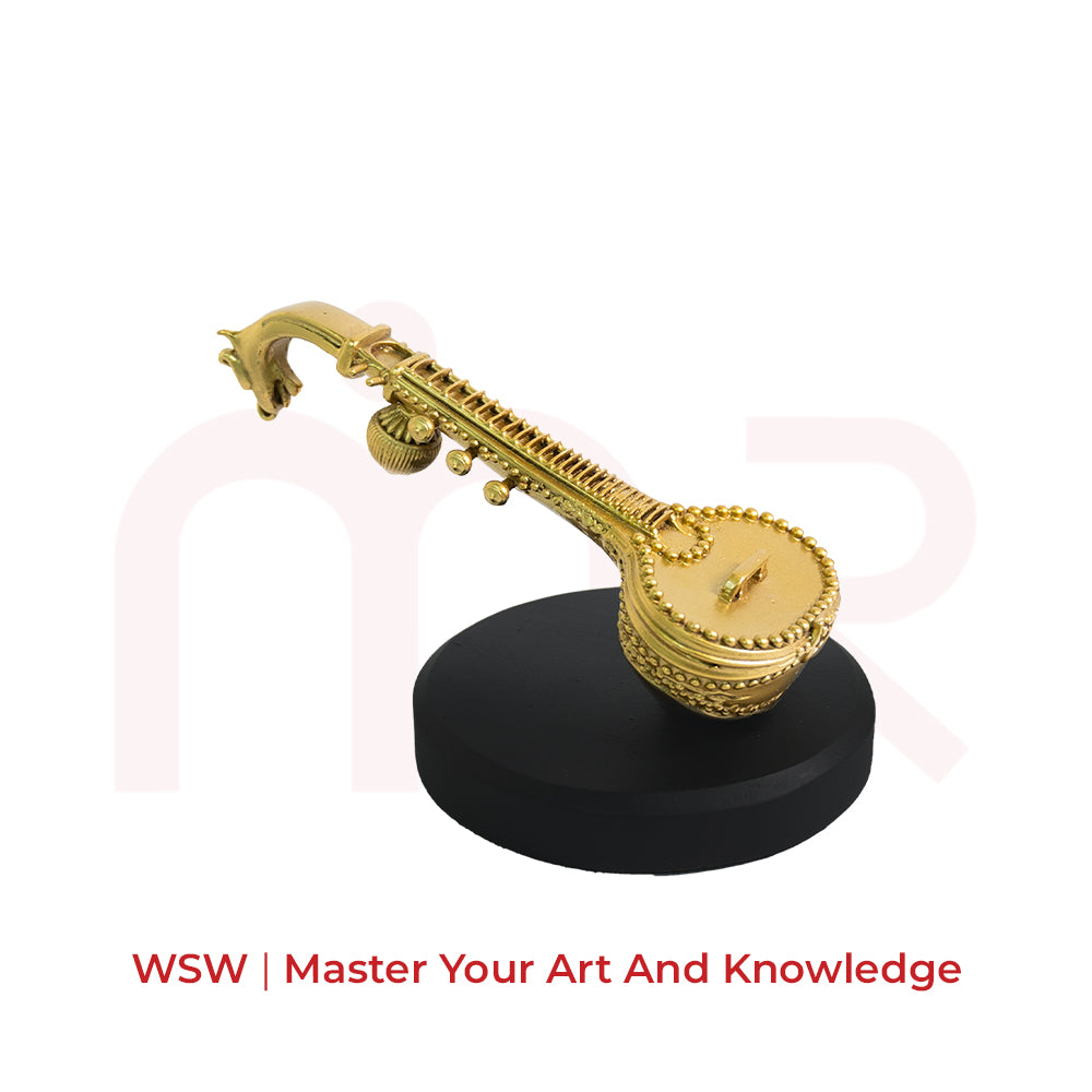 Brass veena idol for vastu remedies, artistic decor, intellect and creativity enhancement
