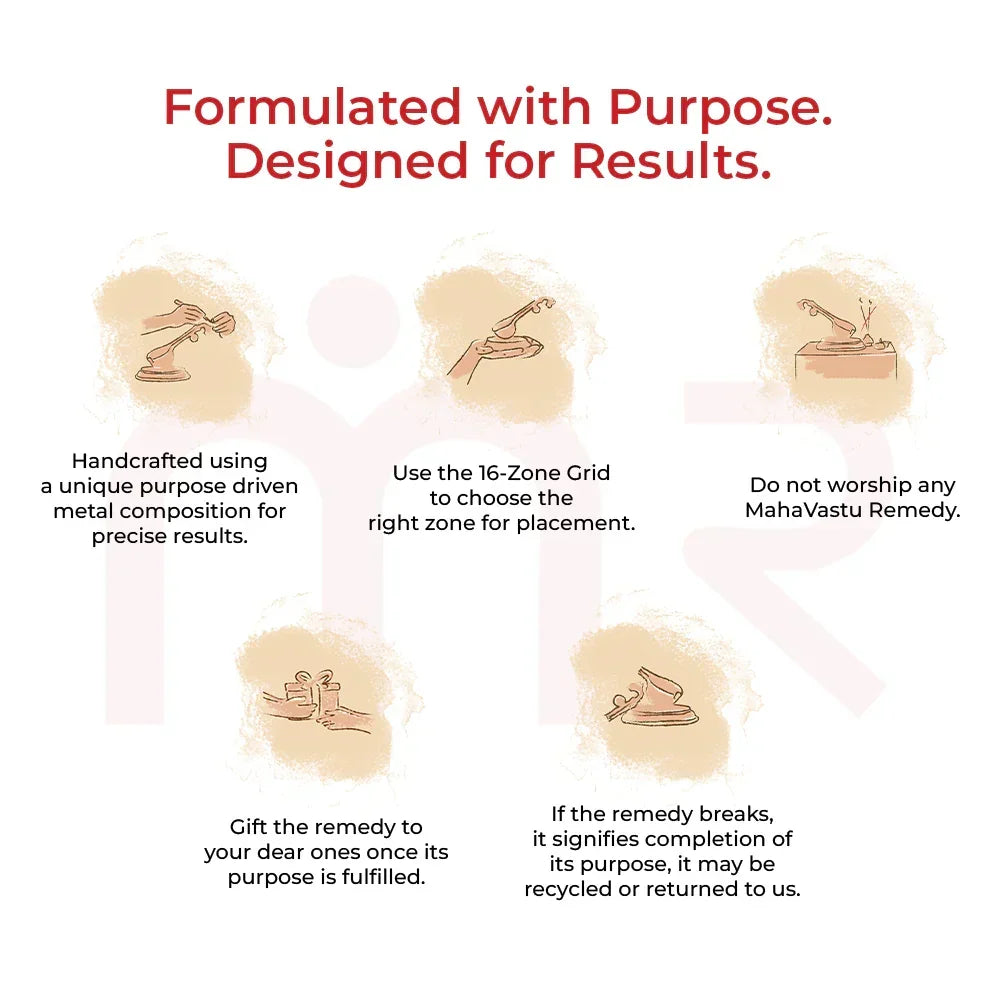 MahaVastu remedy instructions with metal statue graphics, usage tips, and Vastu placement advice.