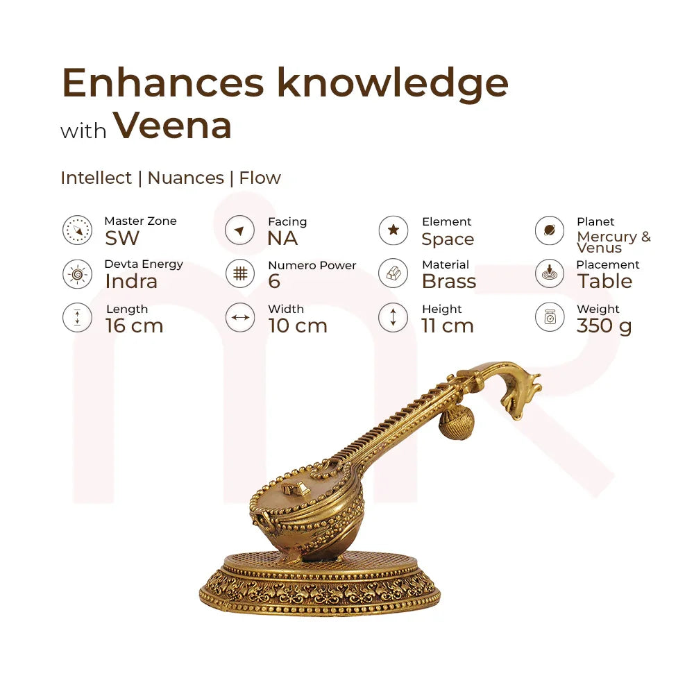 Brass Veena Vastu remedy idol for enhancing knowledge, intellect, and positive energy at home.