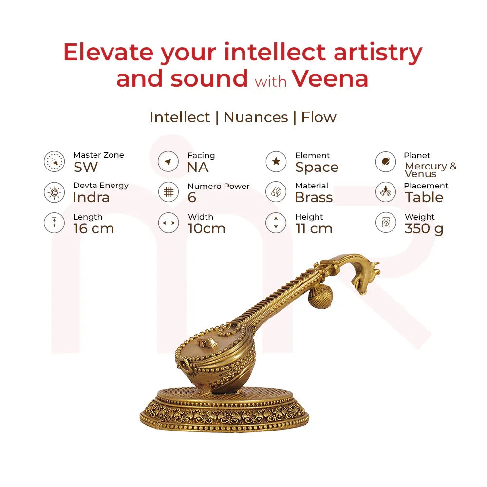 Decorative brass Veena idol for Vastu, intellect and artistry, table placement, 16x10x11 cm