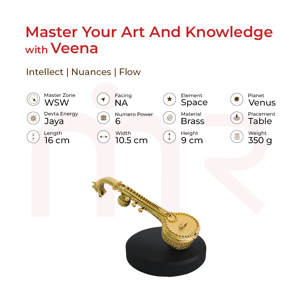 Brass Veena idol for Vastu, enhances intellect & knowledge, placed on table, 16cm, Venus planet energy