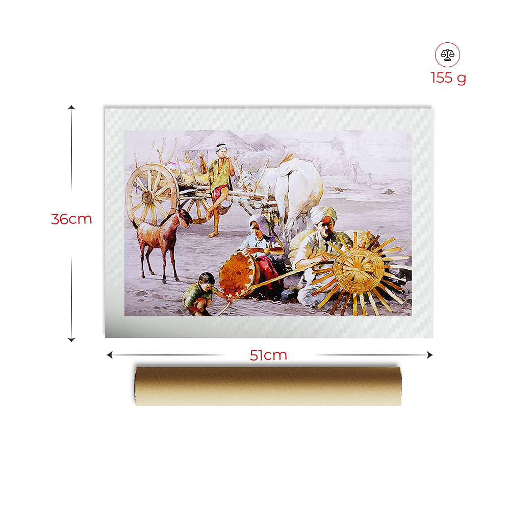 MahaVastu village scene painting with people, ox, cart, wheel, 51x36cm Vastu wall art