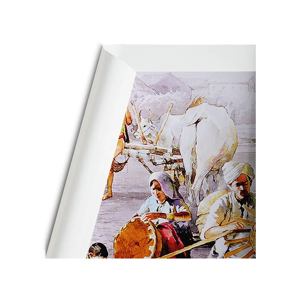 MahaVastu remedy painting of rural Indian village scene with bullock cart and villagers