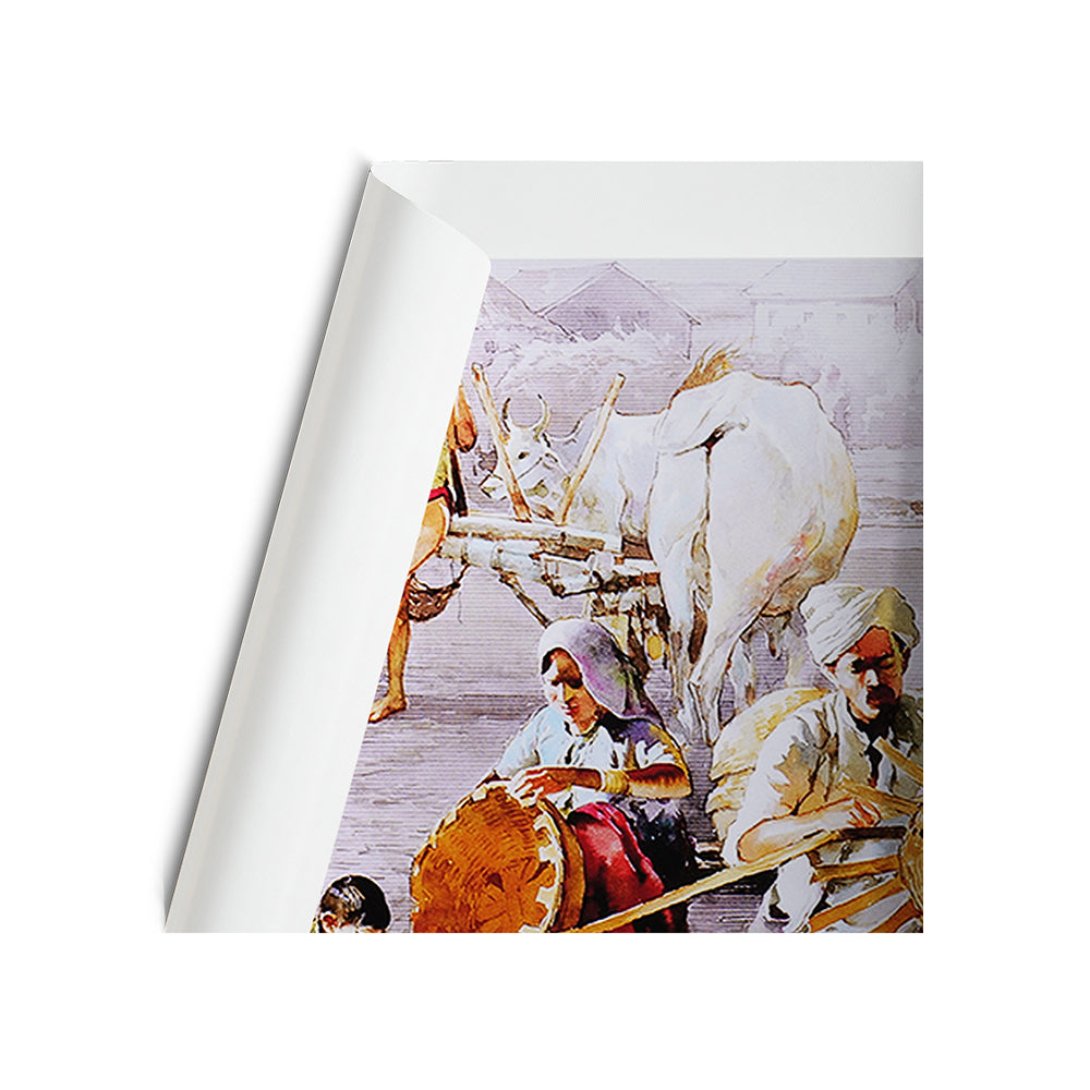 Traditional Indian village scene with ox cart, farmers, and daily life – Vastu painting for home harmony