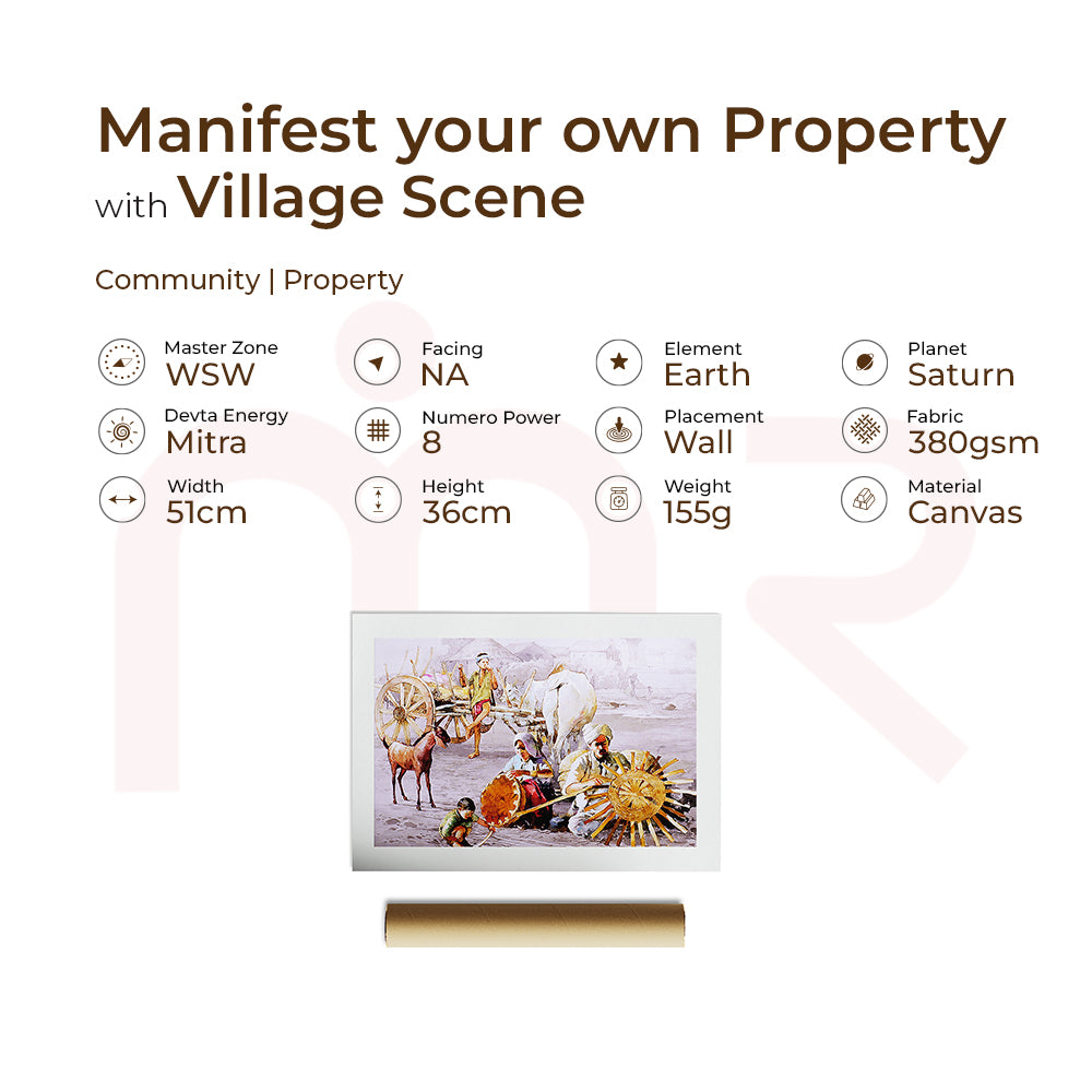 MahaVastu Village Scene canvas painting with rural figures, earth element, 72x51cm for Vastu remedies