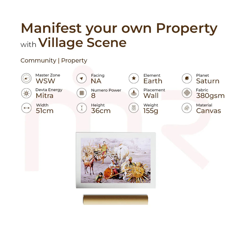 MahaVastu Village Scene canvas painting with rural figures, earth element, 72x51cm for Vastu remedies