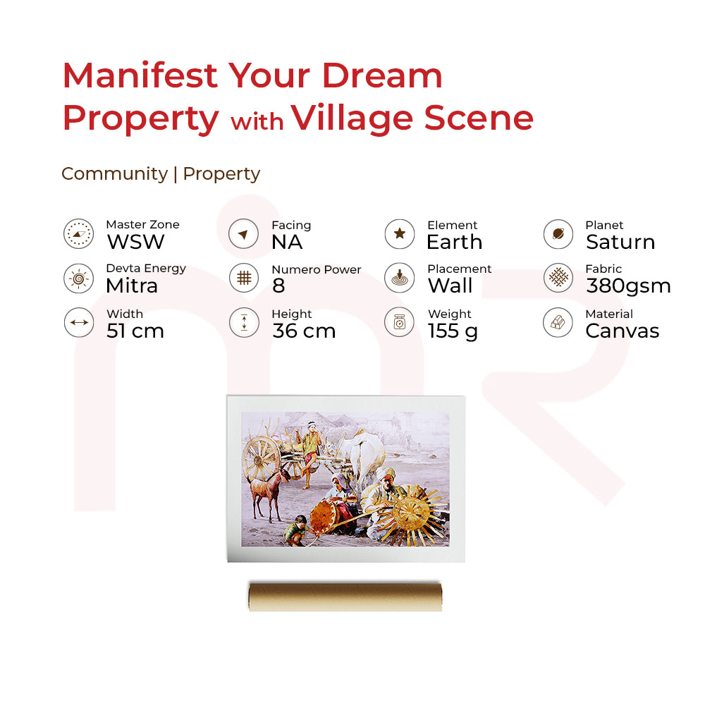Village scene Vastu painting for property manifestation, canvas art with earth element, 51x36cm