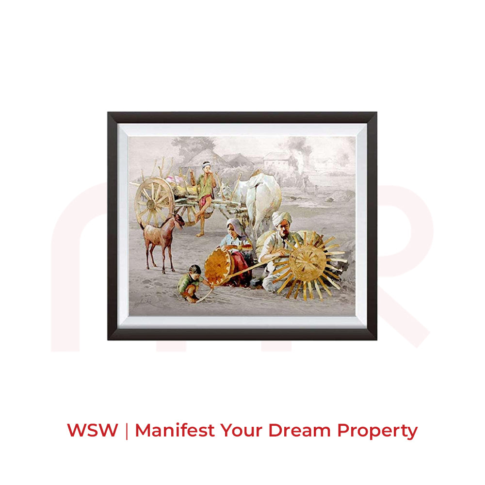 Vastu painting for property manifestation, featuring rural scene with cart, horses, and family — West-South-West placement
