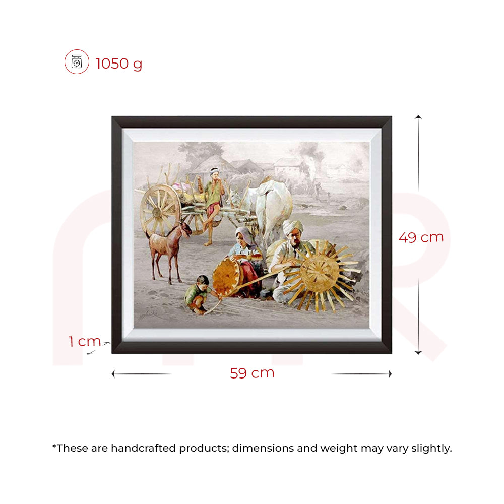 Framed Vastu painting with rural scene, horse cart, and artisans – 59x49cm, 1050g