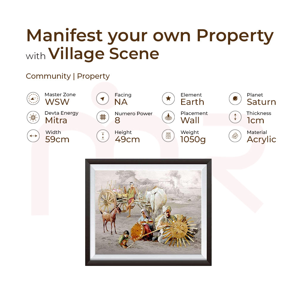 Acrylic Vastu painting of a rural village scene with ox cart, villagers, and farm animals, 59x49cm.