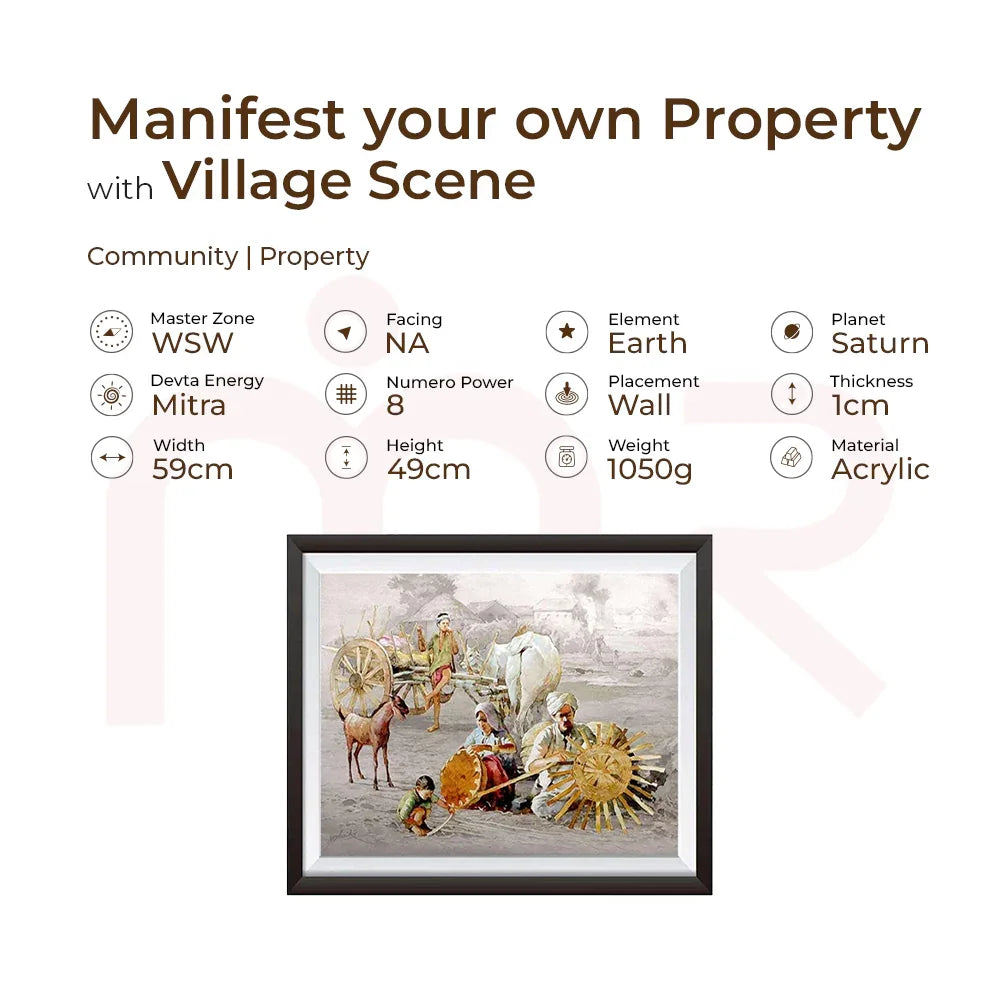 Acrylic Vastu painting of a rural village scene with ox cart, villagers, and farm animals, 59x49cm.