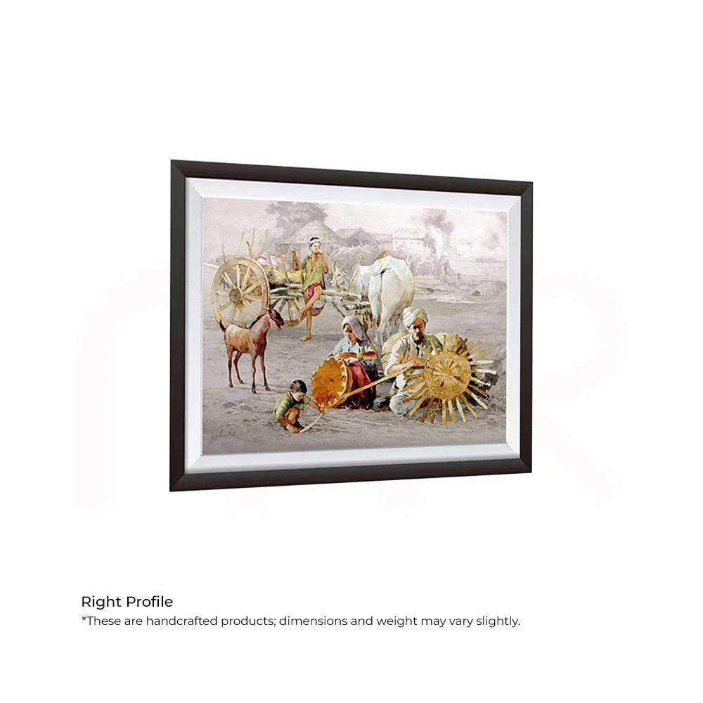 Acrylic painting of rural Indian village scene with farmers, ox cart, goat and child, MahaVastu remedy decor