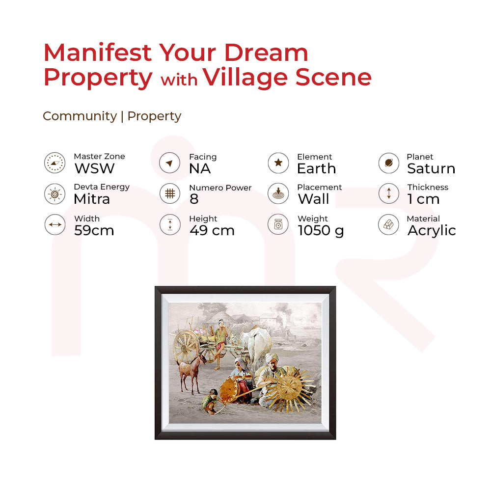 Framed Vastu painting with rural scene, horse cart, and artisans for home positivity and prosperity