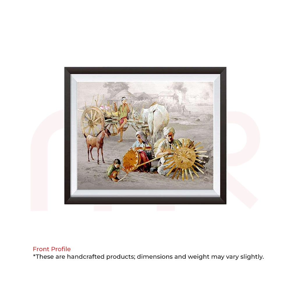 Framed Vastu painting of rural Indian scene with cart, horse, and artisans for home energy balance