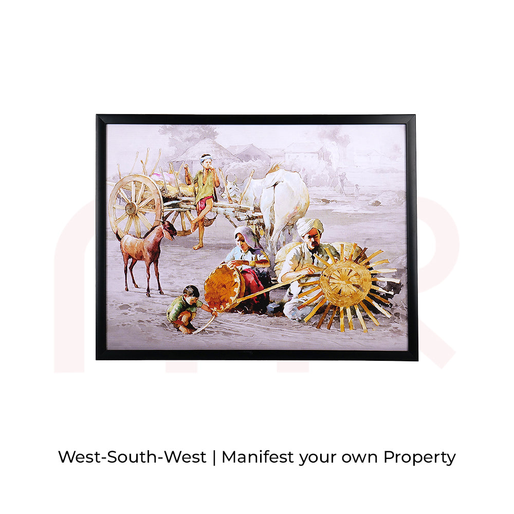 MahaVastu canvas painting of a rural village scene with people, ox-cart, goat, and wheels, promoting property manifestation.