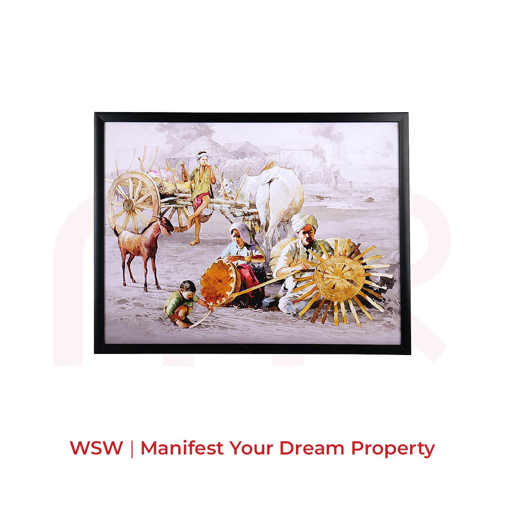 Vastu painting for property manifestation, featuring rural scene with cart, horse, and family — ideal for West-South-West placement
