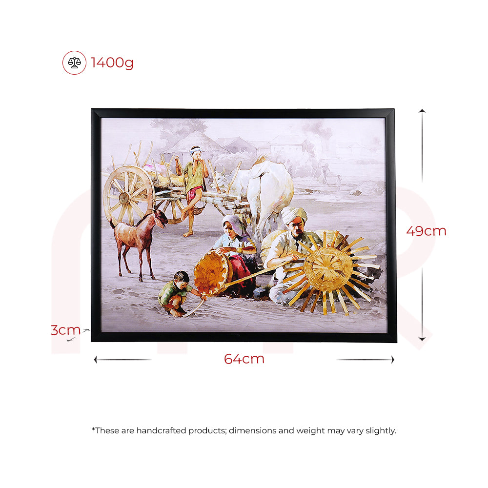 Handcrafted village scene canvas with bullock cart, villagers, and goat, 64x49cm Vastu painting