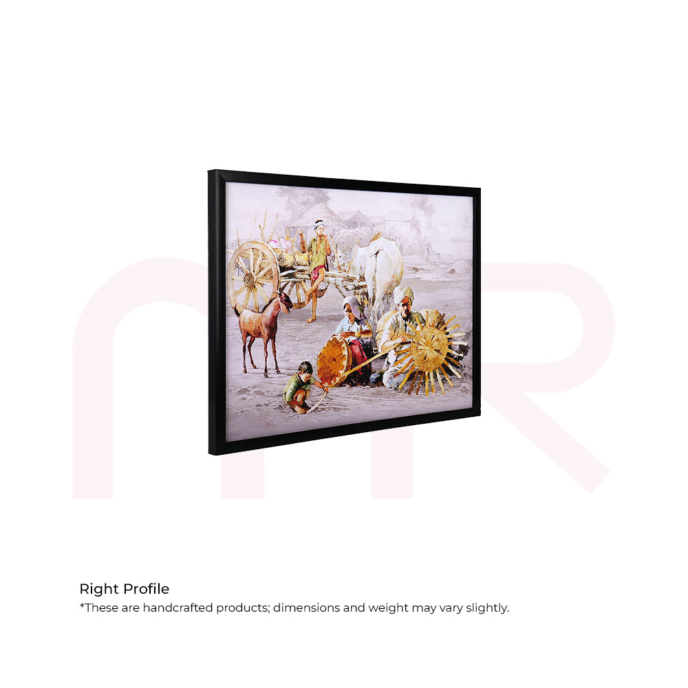 Framed Vastu painting of rural Indian village scene with bullock cart, family, goat, and child.