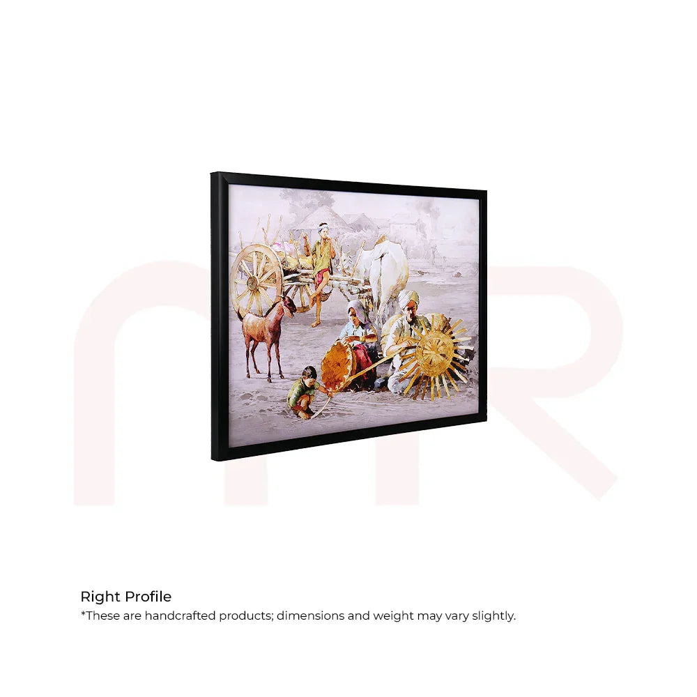 Framed Vastu painting of rural Indian village scene with bullock cart, family, goat, and child.