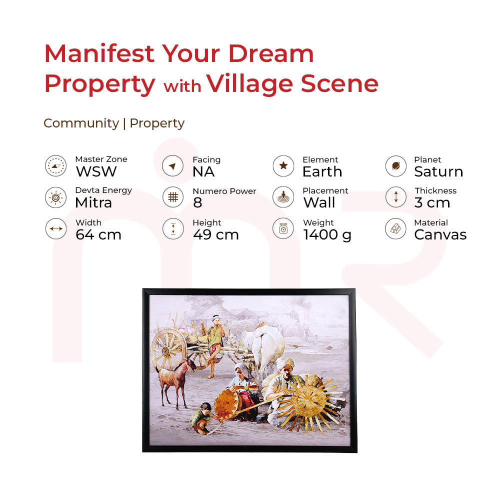 Handcrafted Vastu painting with rural scene, horse cart, and artisans for home positivity and prosperity