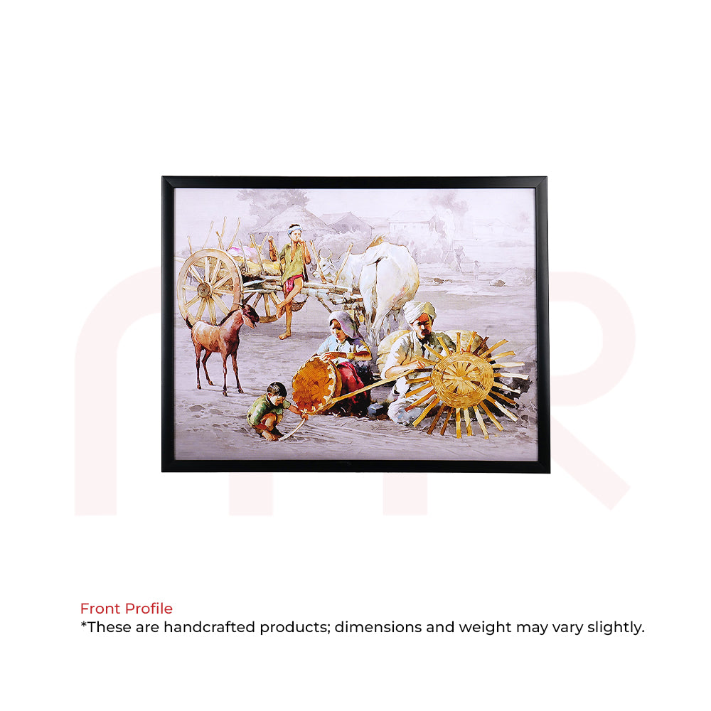 Handcrafted Vastu painting with horse cart scene, black frame, for home positivity and prosperity