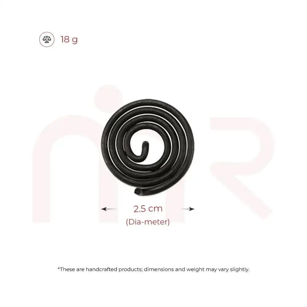 Black metal strip coil measuring 2.5 cm diameter and weighing 18 g for Vastu remedies.