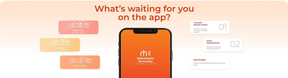 MahaVastu Remedies app interface featuring Basic Remedy Finder, Space Programming, and Case Studies.