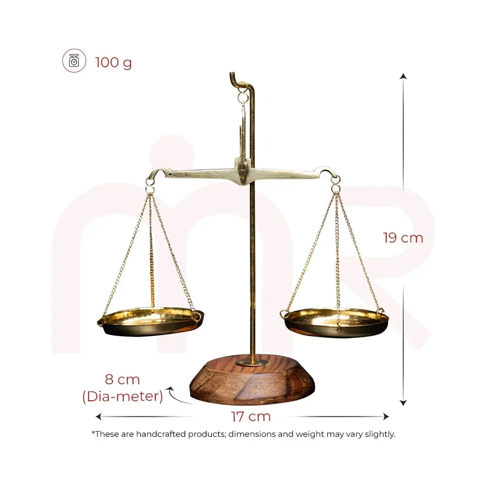 Handcrafted brass weighing scale with wooden base, 19 cm tall, 100g, for Vastu remedies