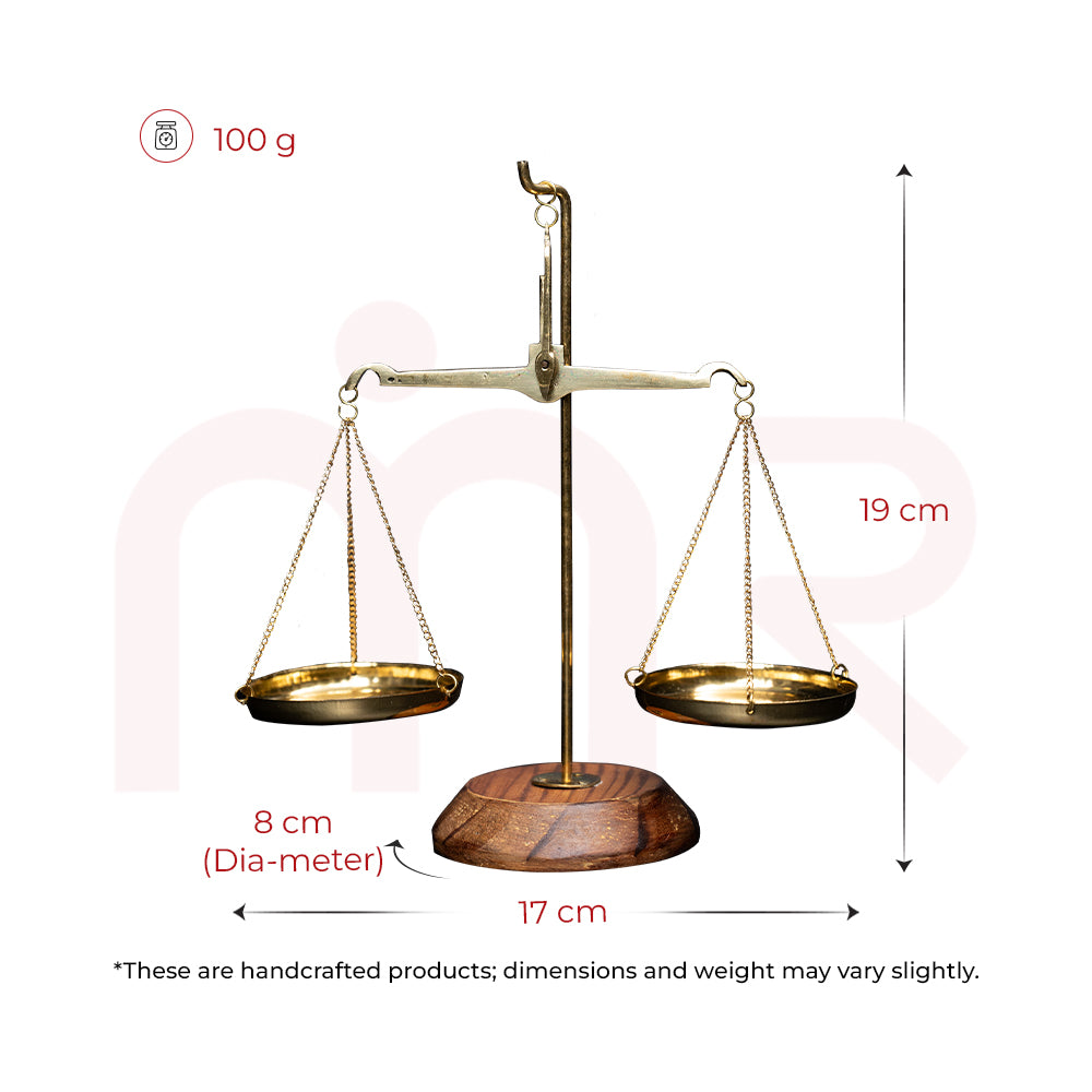 Handcrafted brass weighing scale with wooden base, 19 cm tall, 100g, for Vastu remedies