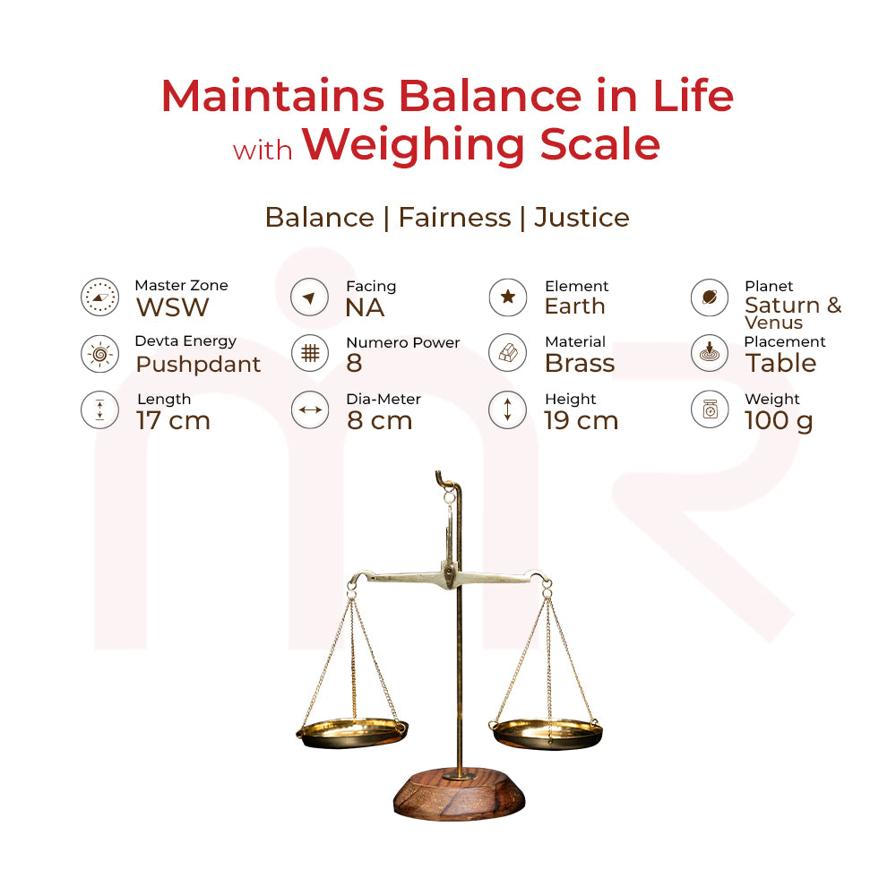 Brass weighing scale Vastu remedy for balance, fairness, justice on wooden base with details.