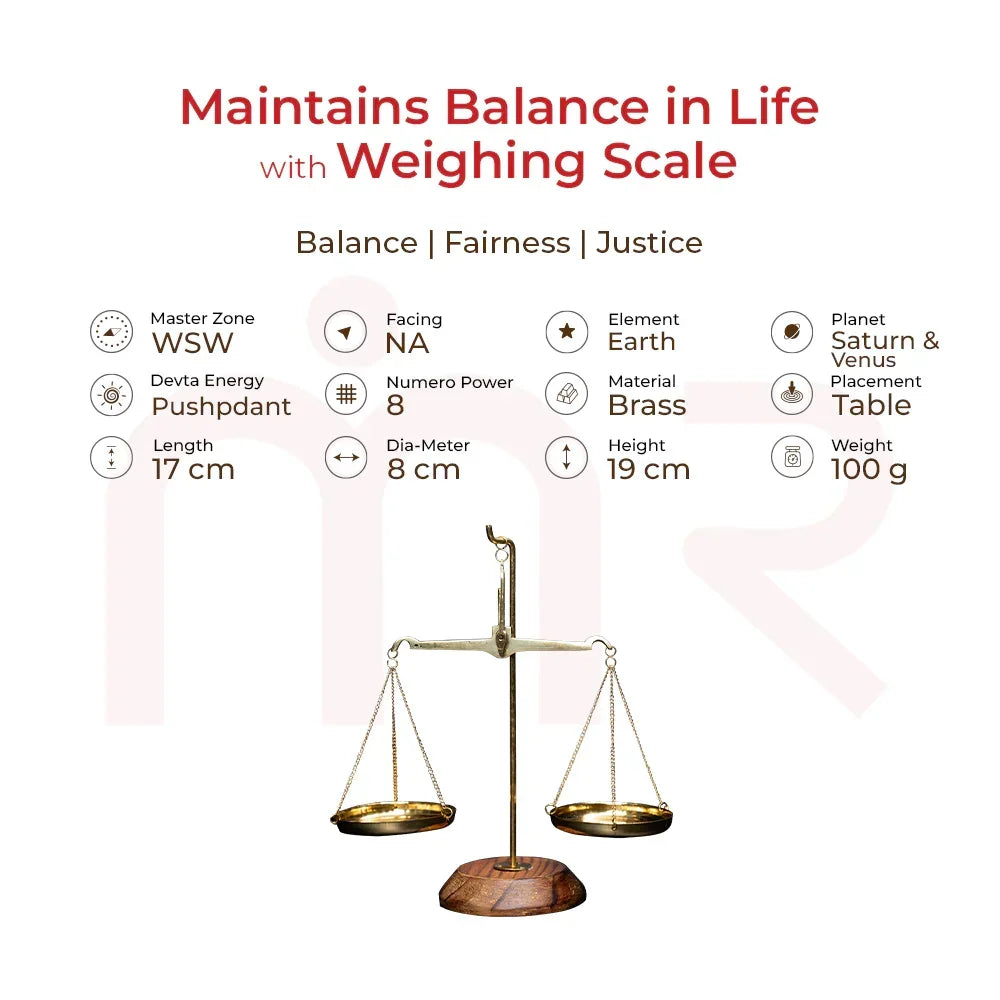 Brass weighing scale Vastu remedy for balance, fairness, justice on wooden base with details.