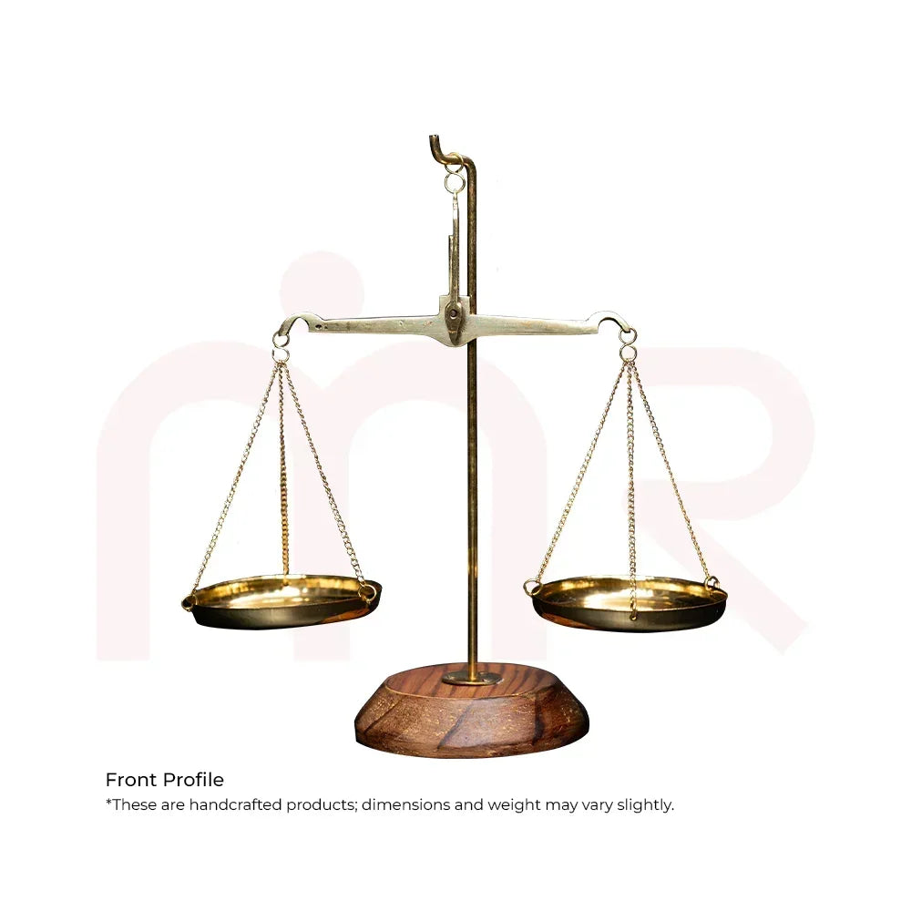 Handcrafted brass weighing scale with wooden base, vastu remedy decor