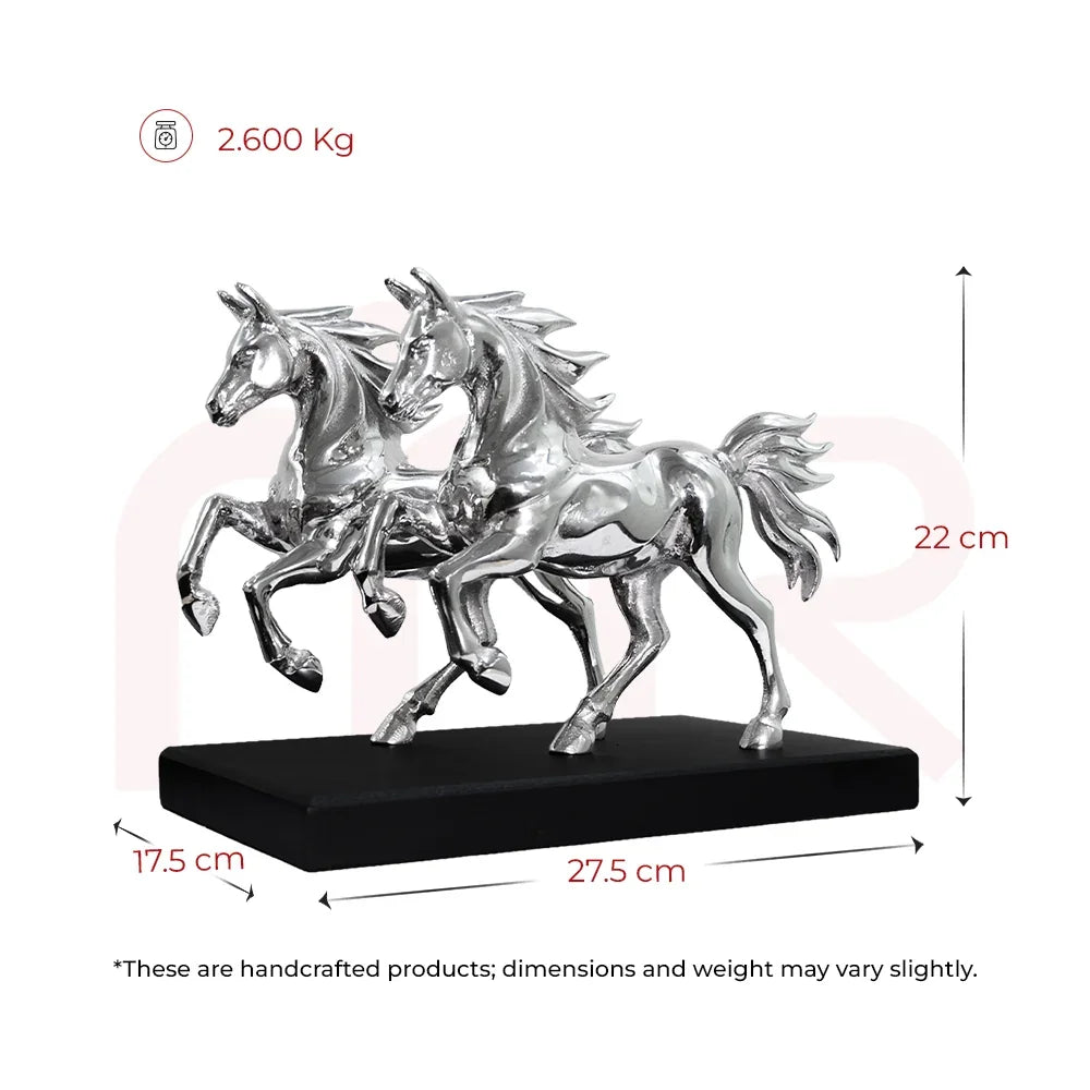 Silver running horse Vastu remedy statue with dimensions and weight.