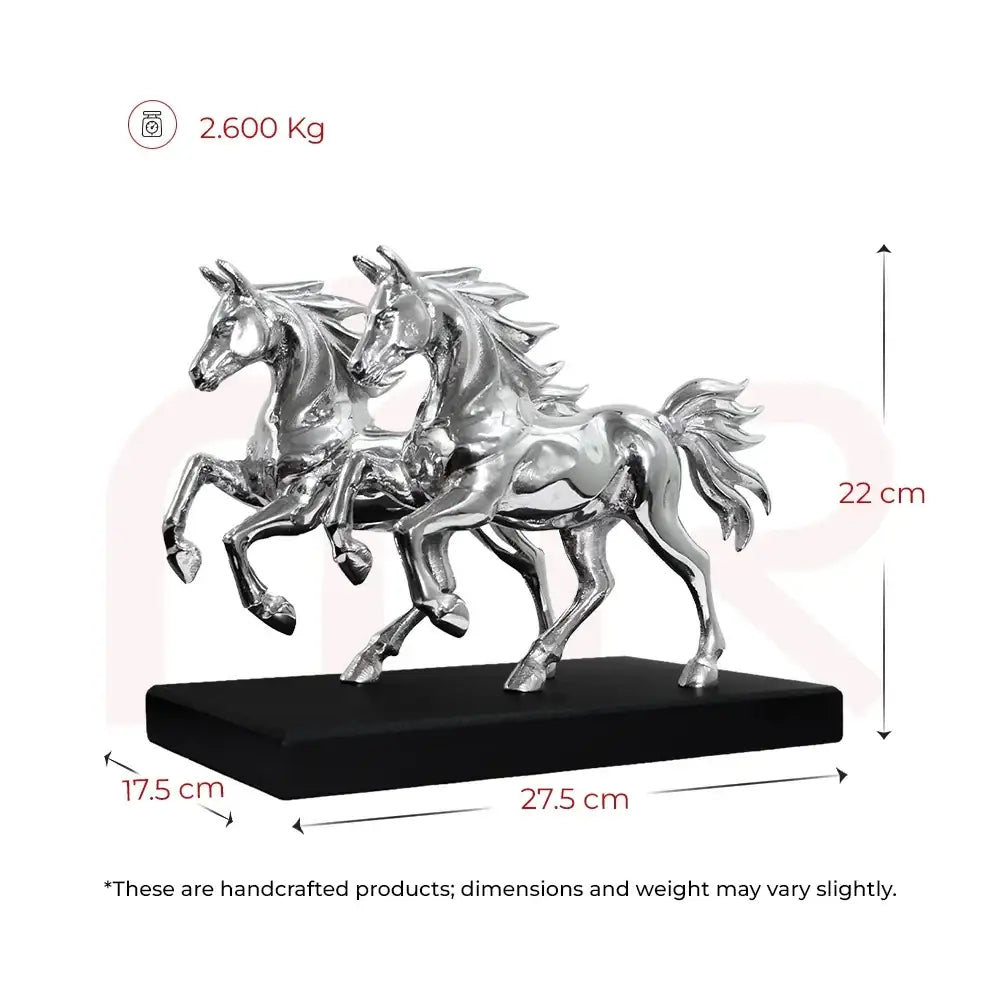 Silver running horse Vastu remedy statue with dimensions and weight.