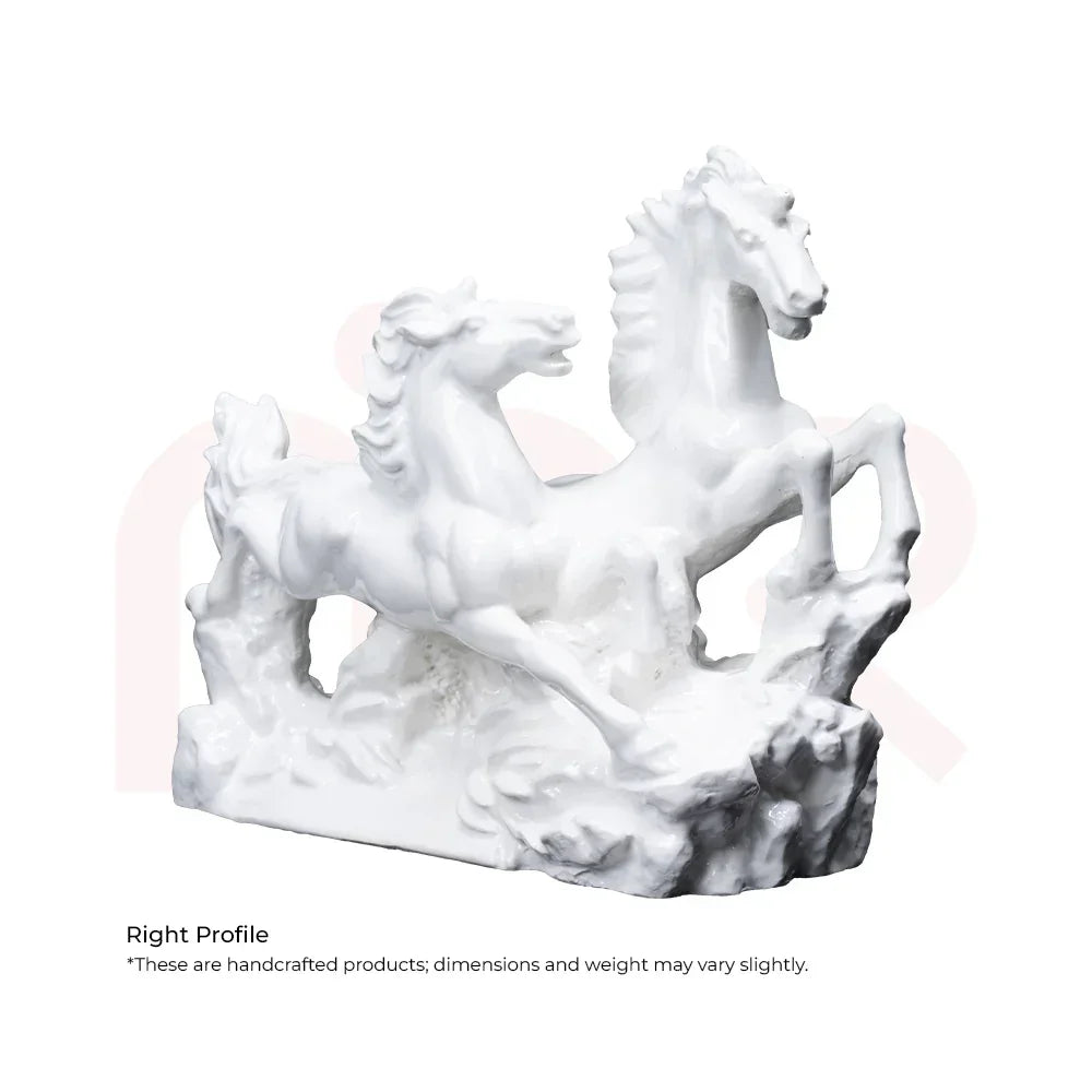White ceramic running horses sculpture, ideal for Vastu decor and positive energy