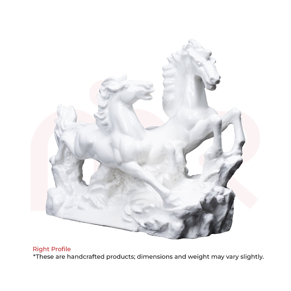 White ceramic running horses sculpture, ideal for Vastu decor and positive energy