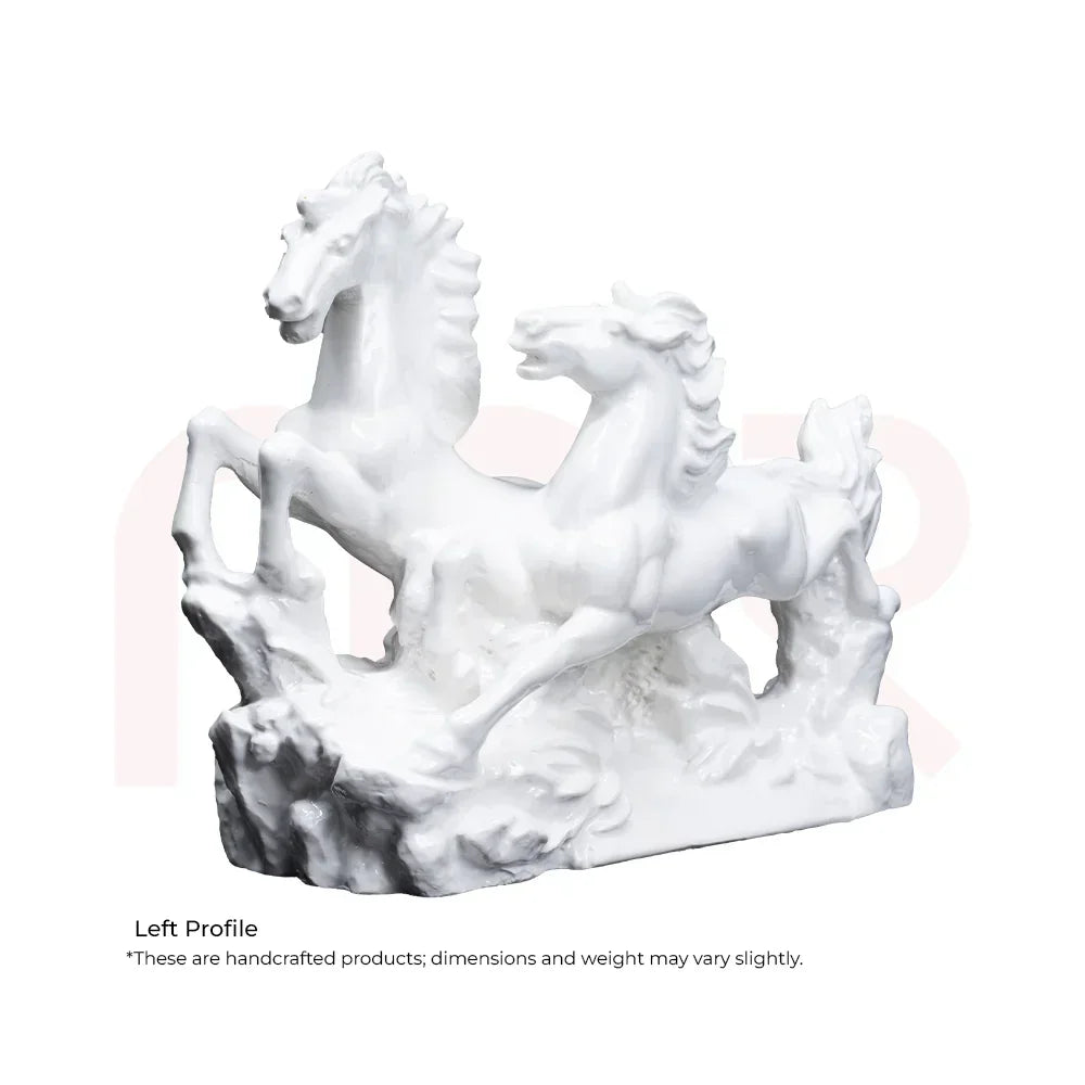 White ceramic running horse statue, Vastu remedy décor for positivity and prosperity