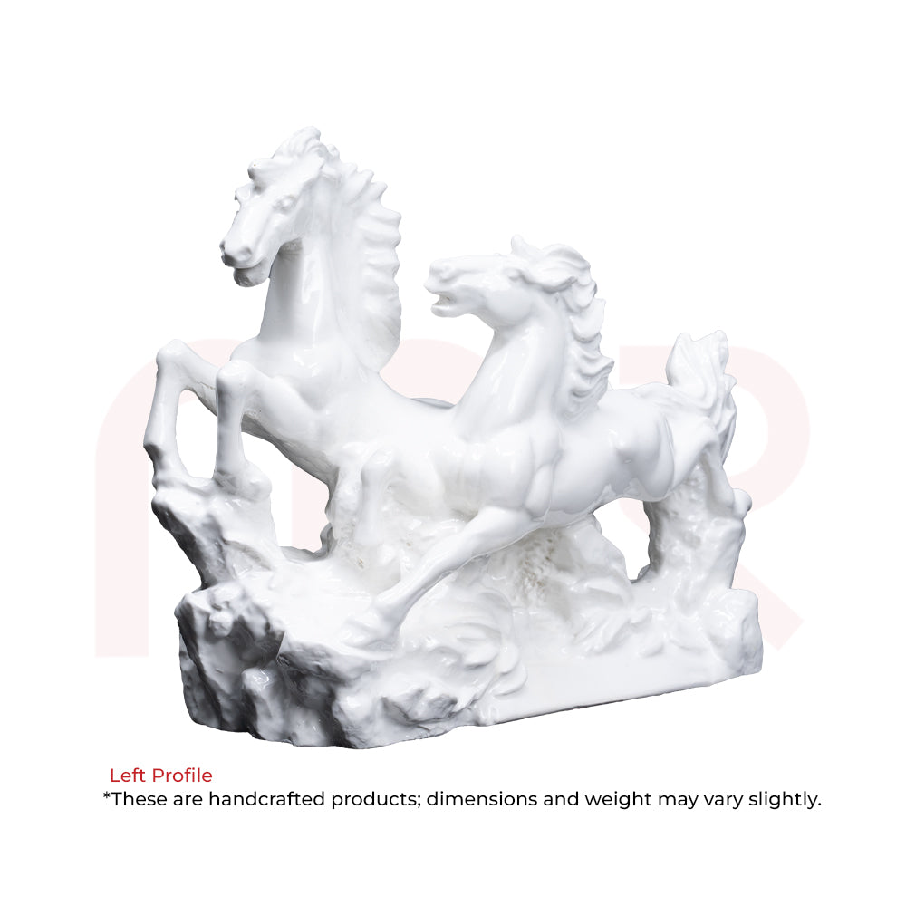 White ceramic running horse statue, Vastu remedy décor for positivity and prosperity