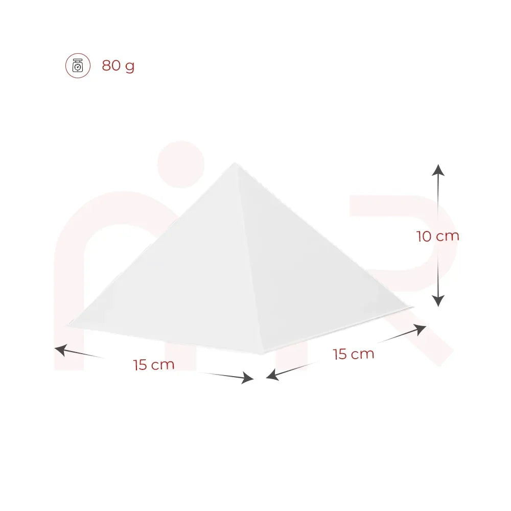 White vastu pyramid with 15 cm base, 10 cm height, 80 g weight, isolated on white background