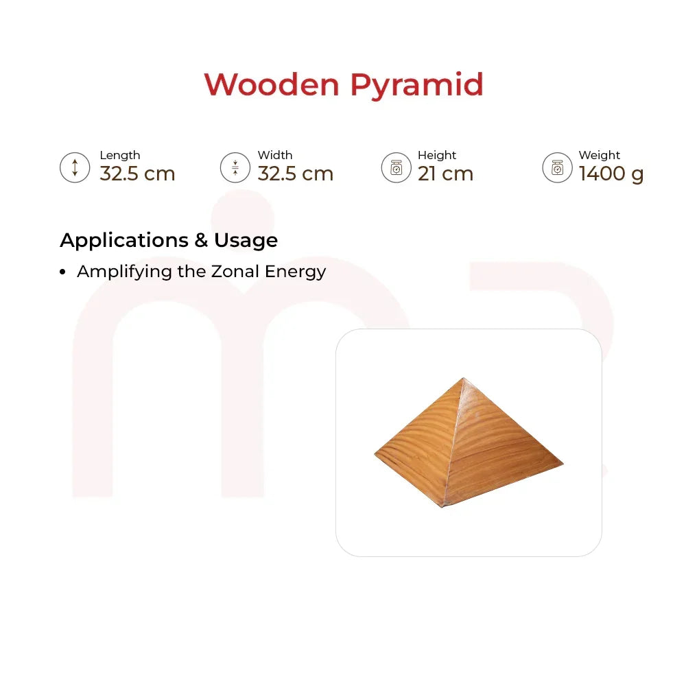 Wooden pyramid for Vastu energy balance, natural finish, shown with size and weight details